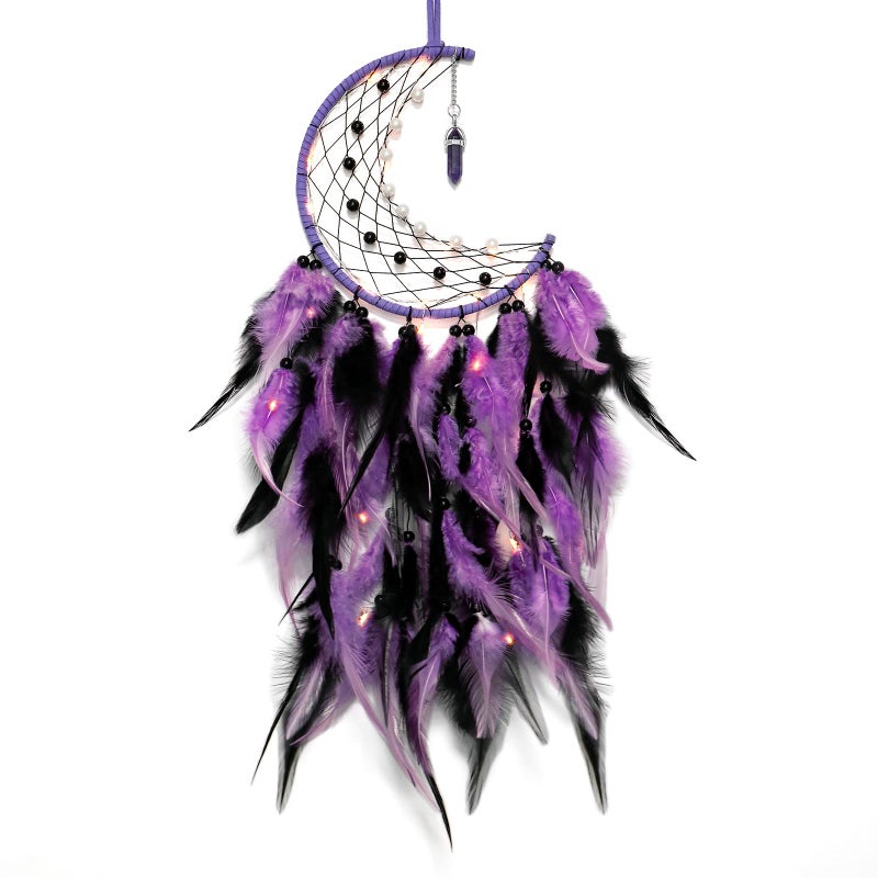 Dremisland Moon Dream Catcher with Fairy Lights-Handmade Colorful Feather Lucky Turquoise Pendant Beads Wall Hanging Ornament for Kids Bedroom Home Decoration Art Craft Gift. (Purple&Black) - Image 1